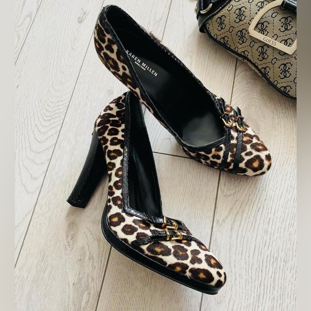Karen Millen Leopard Heels Sz 6 Pumps Pony Hair Snakeskin Leather Buckle Mobwife